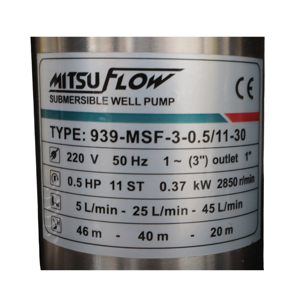 ปั๊มน้ำบาดาล MITSUFLOW บ่อ 3 นิ้ว 0.5เเรงม้า 939-MSF-3-0.5/11-30